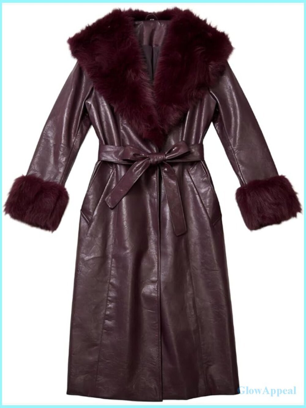 Leather Coat with Faux Fur Trim, Belted Long Coat, Collar Cuffs Detail